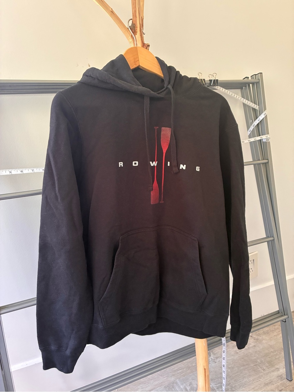 Black Pullover Hoodie with Red Oar Graphic Rowers Crew only